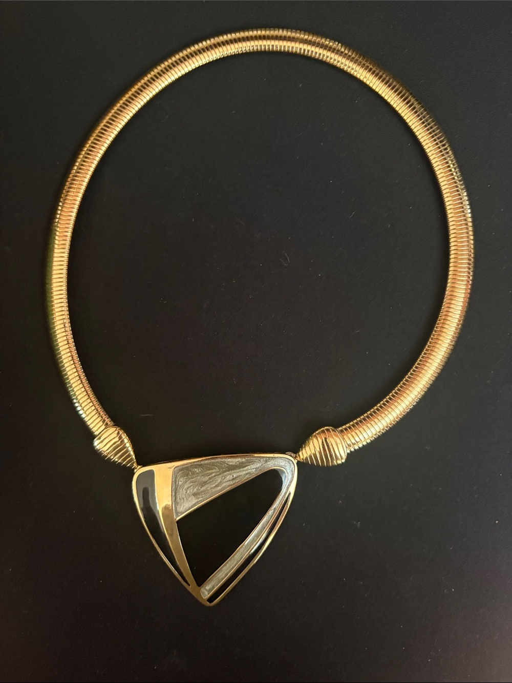 1980s Trifari Gold Plated Black Marble Pendant Collar Necklace
